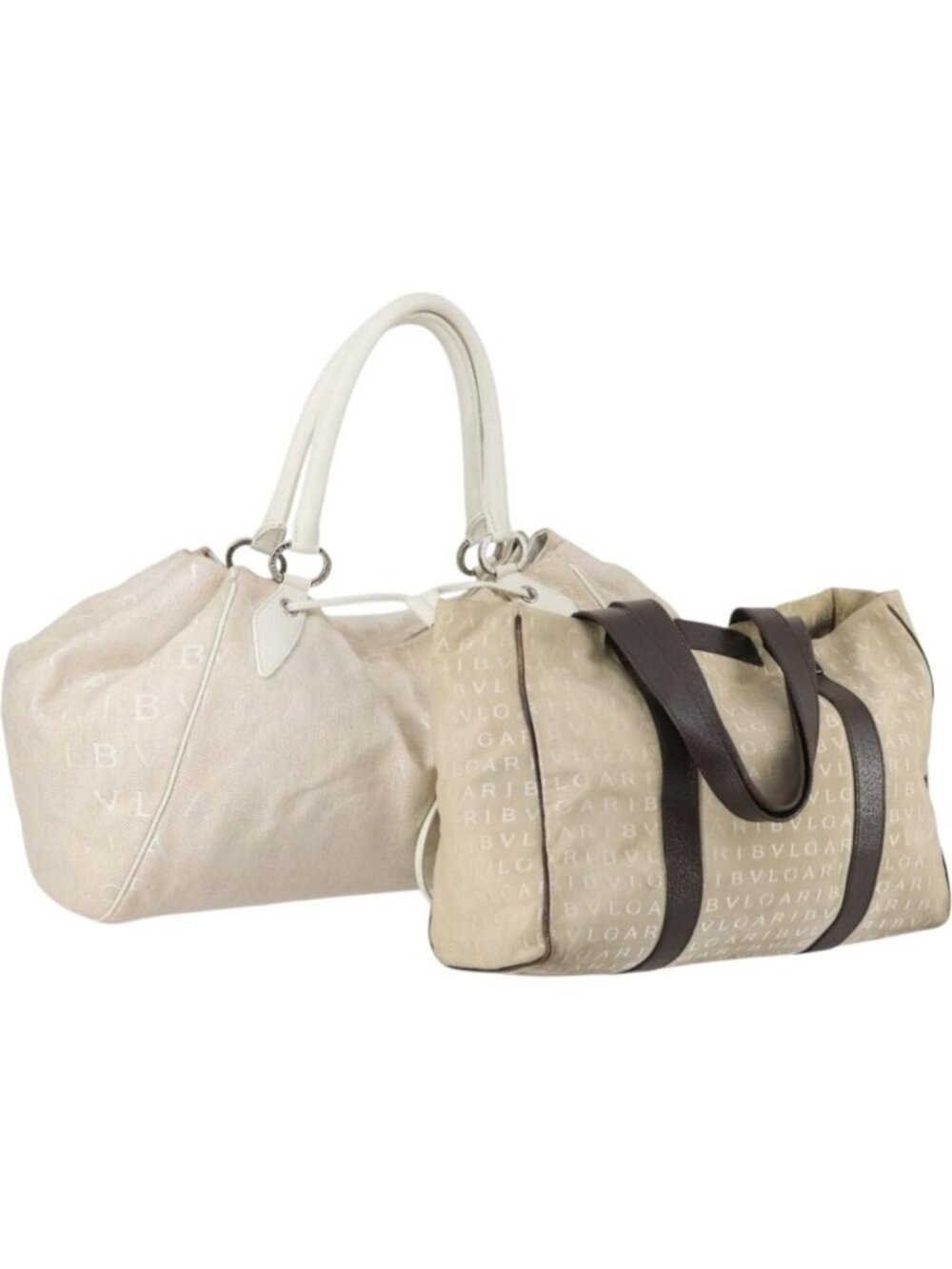 BVLGARI Logo Mania Hand Bag Canvas 2 Set Beige Brown